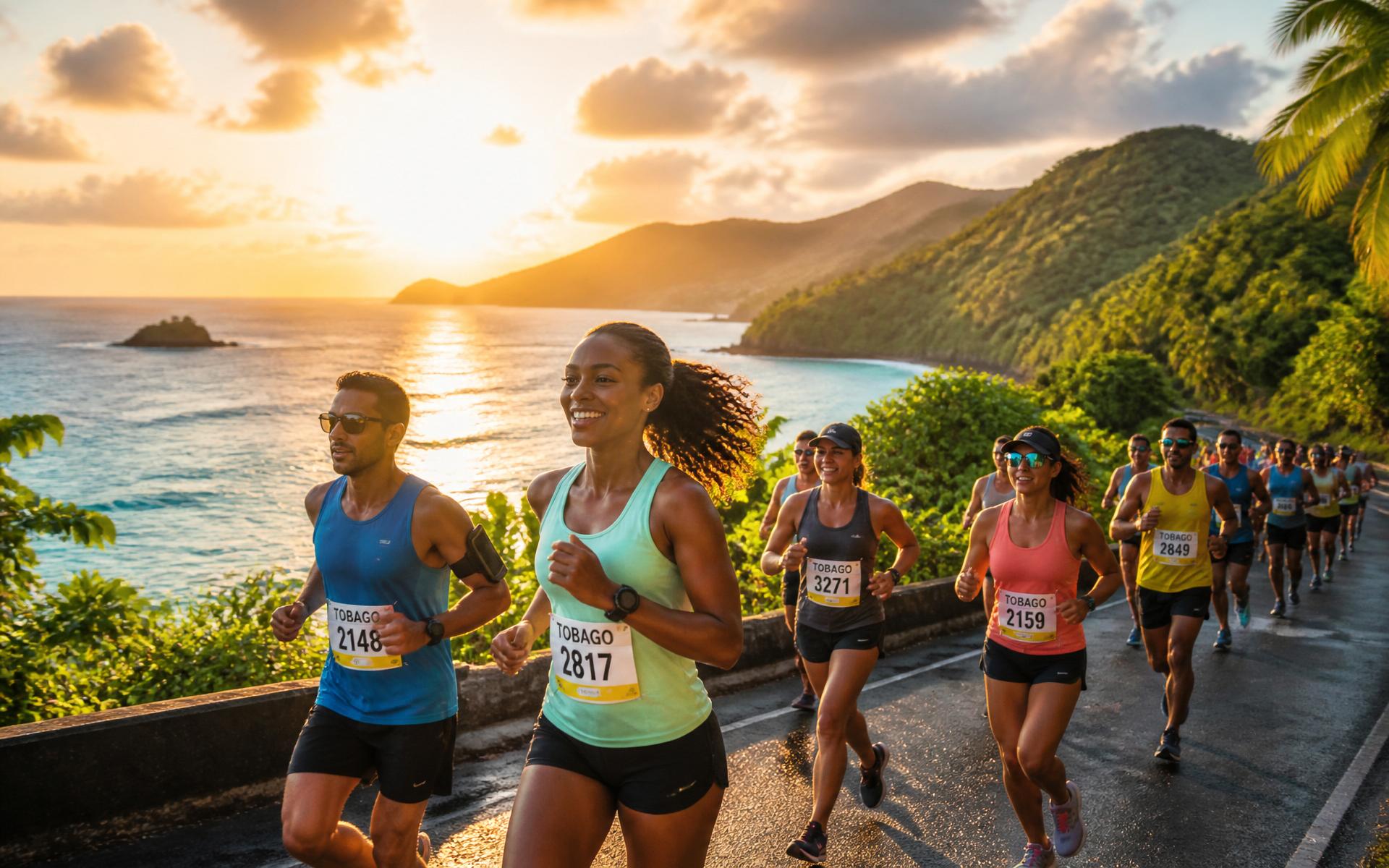 Runners along the Tobago coastline at sunrise