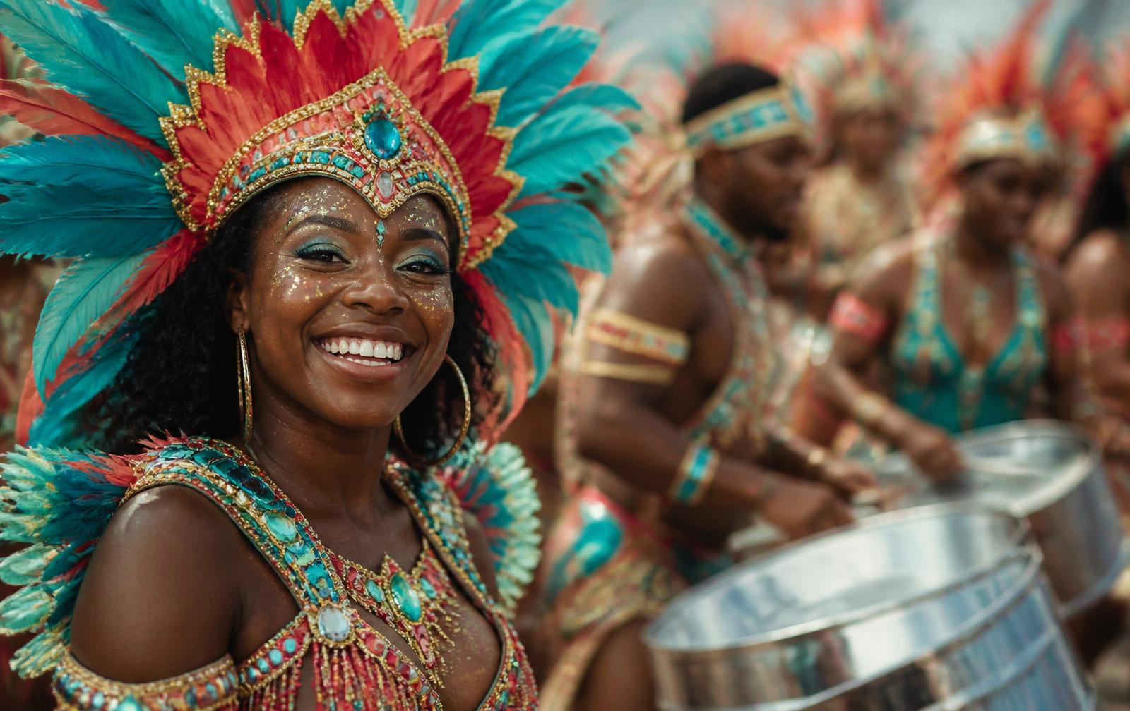 Tobago carnival performers in vibrant costumes